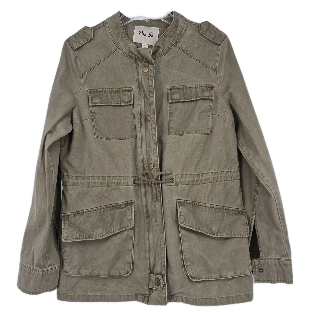 Per Se Women's Olive Green Military Jacket Snap Zip Front‎ Drawstring Waist Sz L